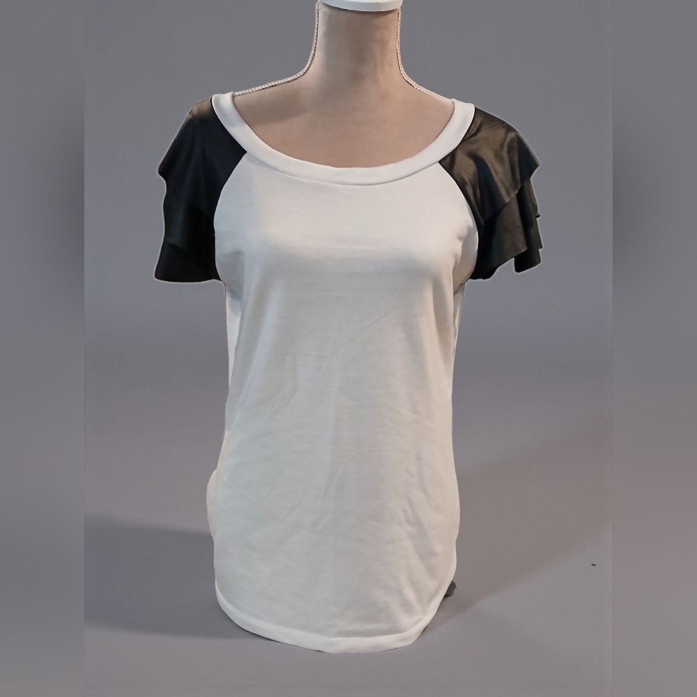 Vtg Y2k Blush Faux Black Leather Ruffle Flutter Raglan White Shirt XL Whimsygoth